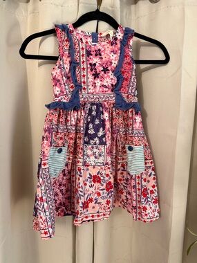 Matilda Jane Pink Floral Patchwork Dress with Blue Trim